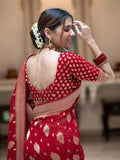 Red  Banarasi Soft Silk Saree With  Unstitched Blouse image 4
