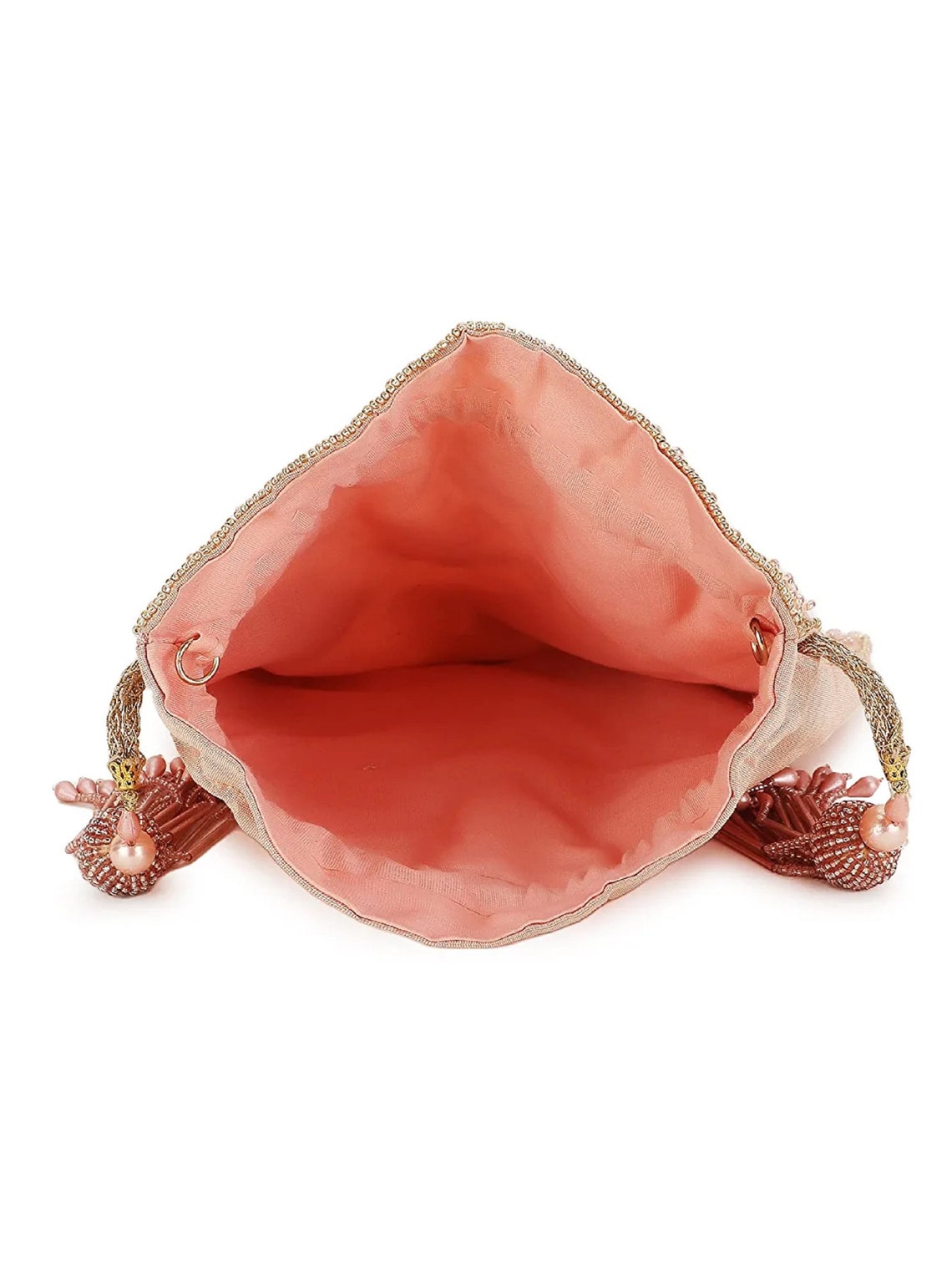 Dusky Pink & Gold Floral Embellished Faux Silk Potli Bag image 4
