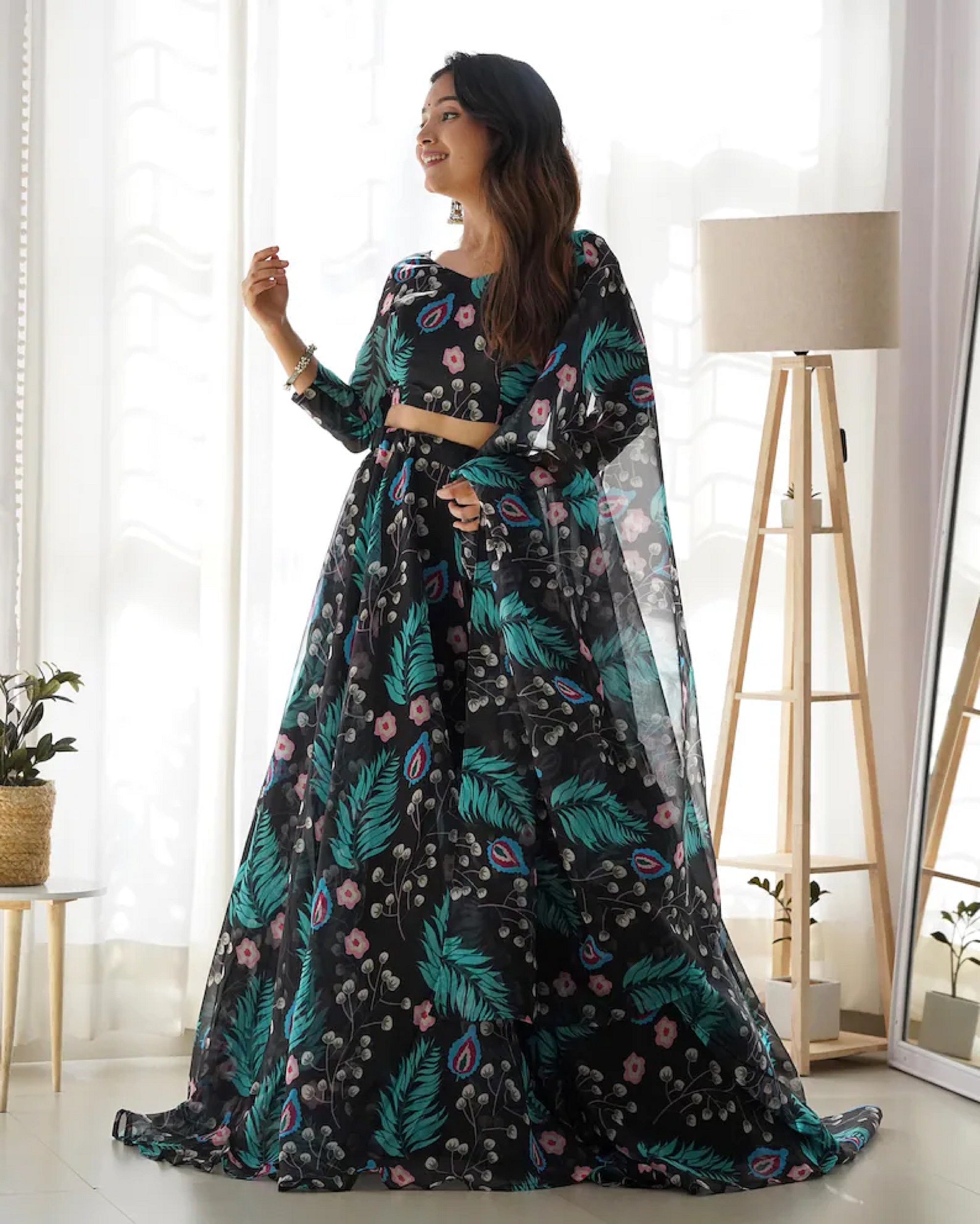 Women's Net Digital Print Lehenga Choli Indian Semi Stitched Lengha Choli 15-QRC13 image 4