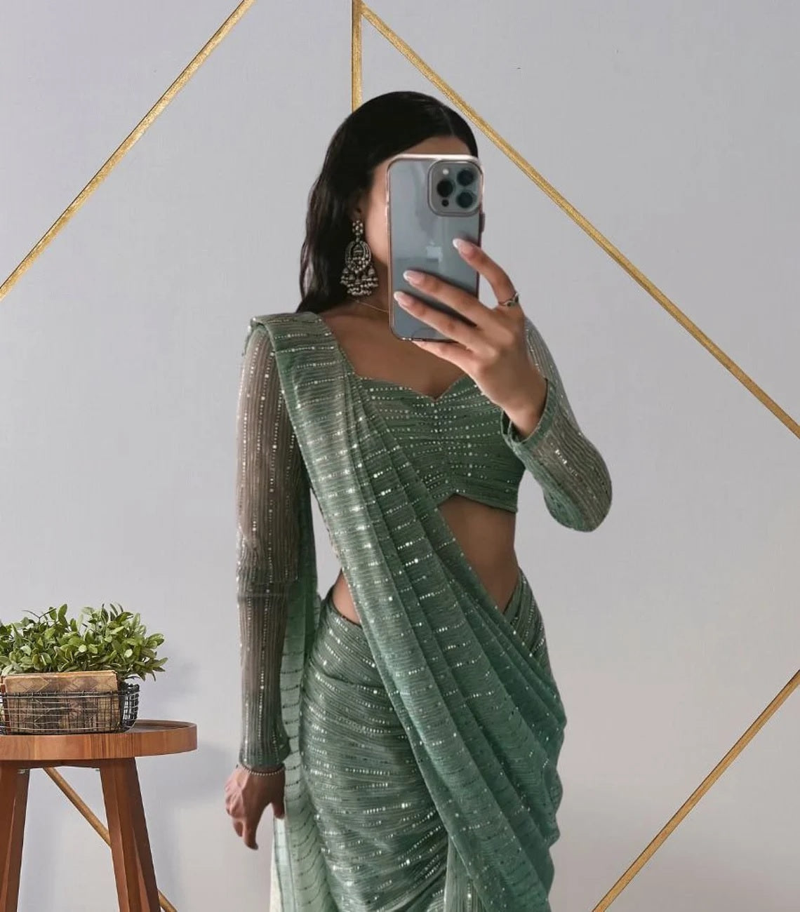 Mint Green Imported Premium Net Ready To Wear Saree image 4
