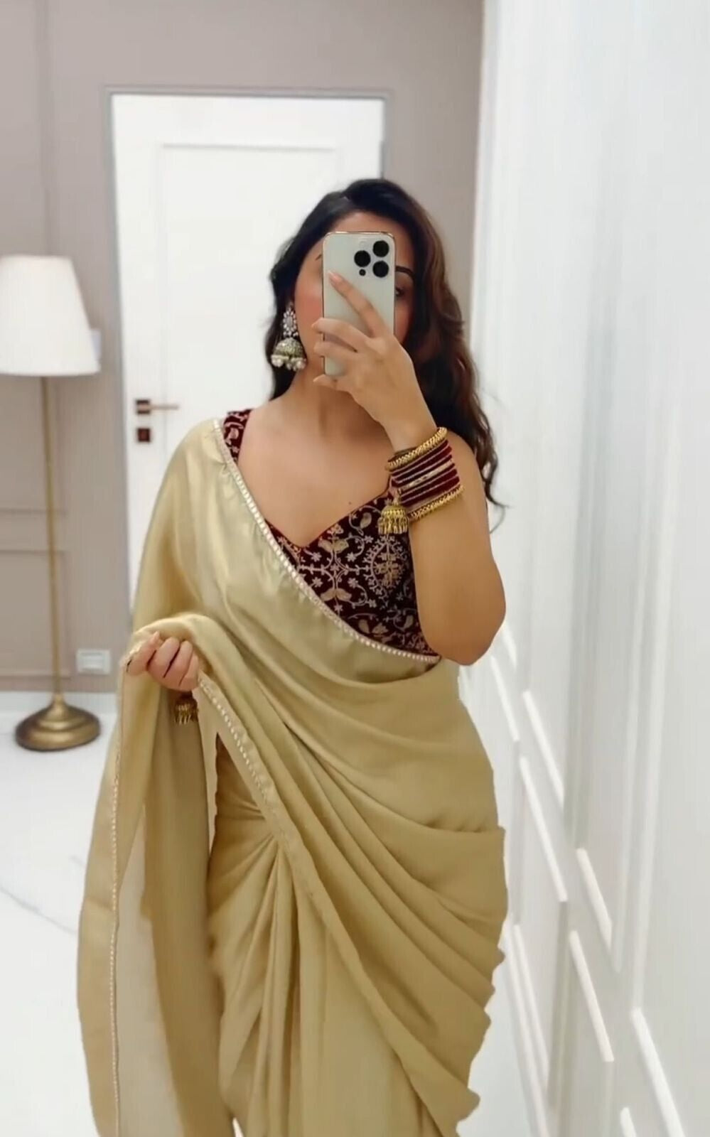Japan Satin With Beautiful Mirror Lace Border Saree With Blouse image 6