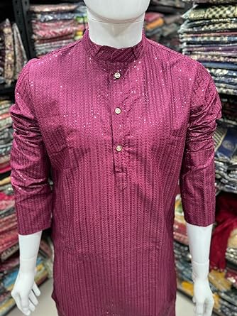 Wine Banglori Silk Embroidery sequence work Men's Kurta image 4