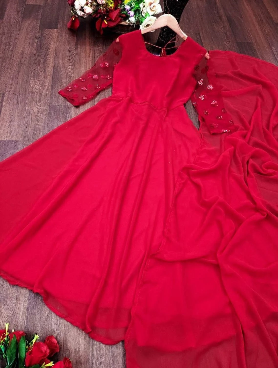Georgette With Full Stitch With Embroidery Sleeve Work Dress image 4