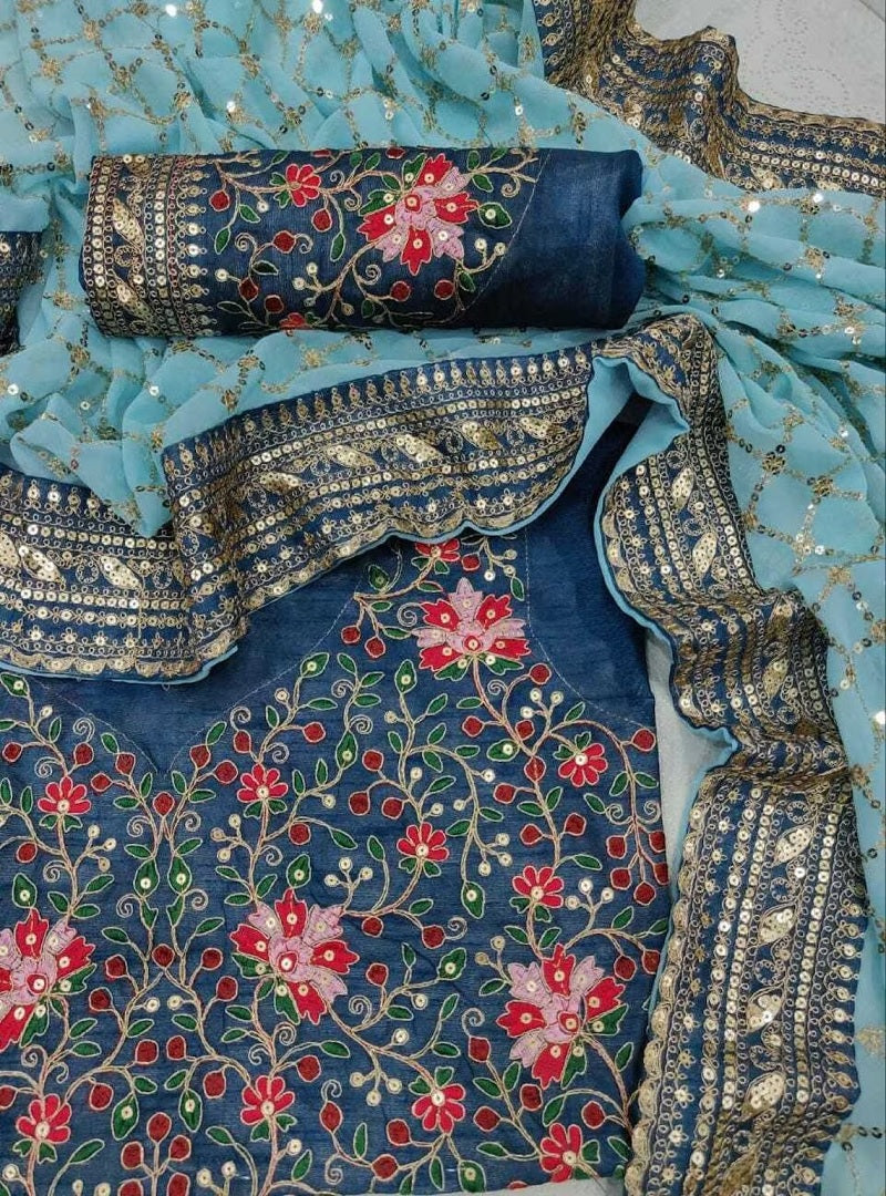Sky Blue Georgette Embroidery Zari Work Saree image 5