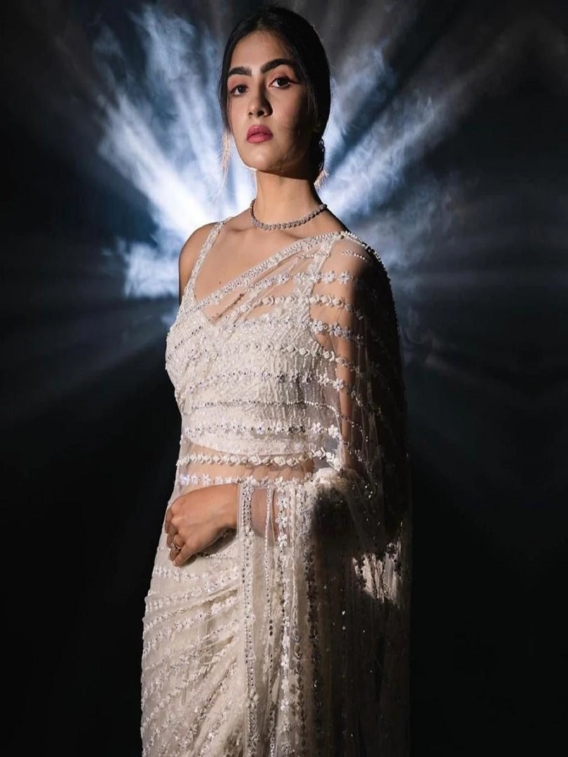 White Color Mono Net  Saree With Sequence Work Blouse image 5