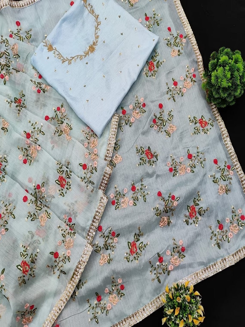 Sky Blue Color Khadi Organza With Floral And Sequence Work Saree image 5