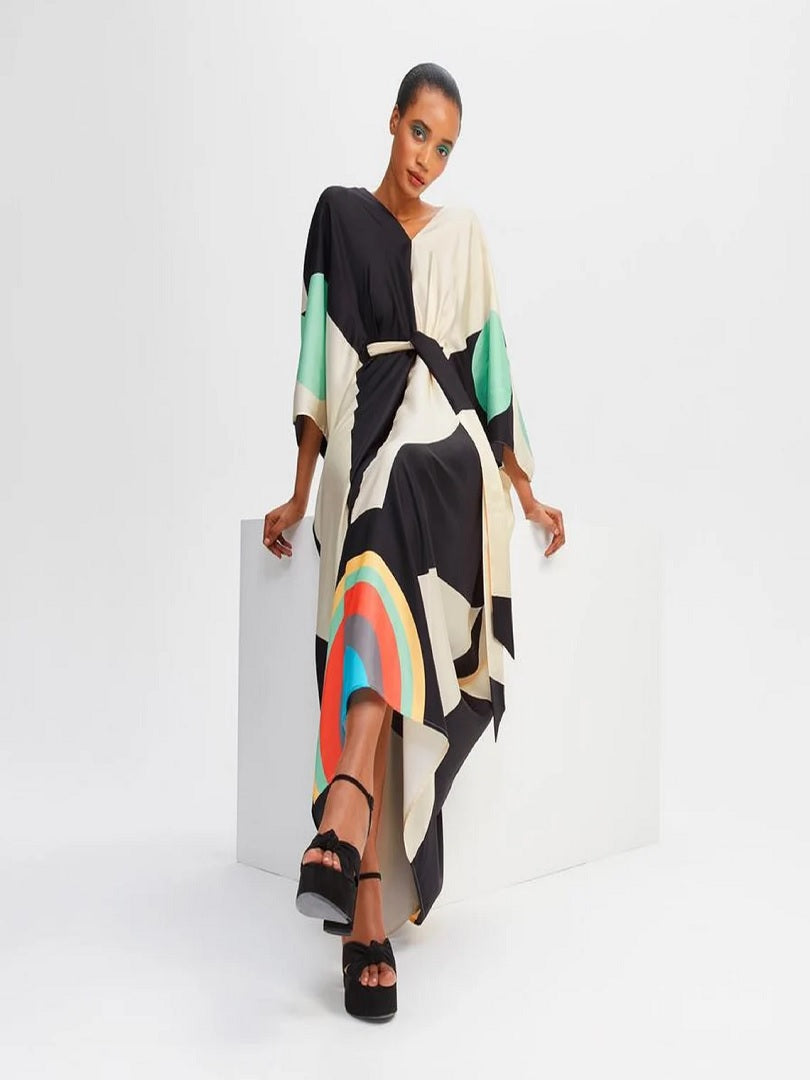 V-Neck Belt Style Women Soft Satin Silk Printed Kaftan J5631 image 5