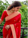Red Soft Lichi Silk Saree And Blouse Wedding Wear Latest Sari Collection image 5