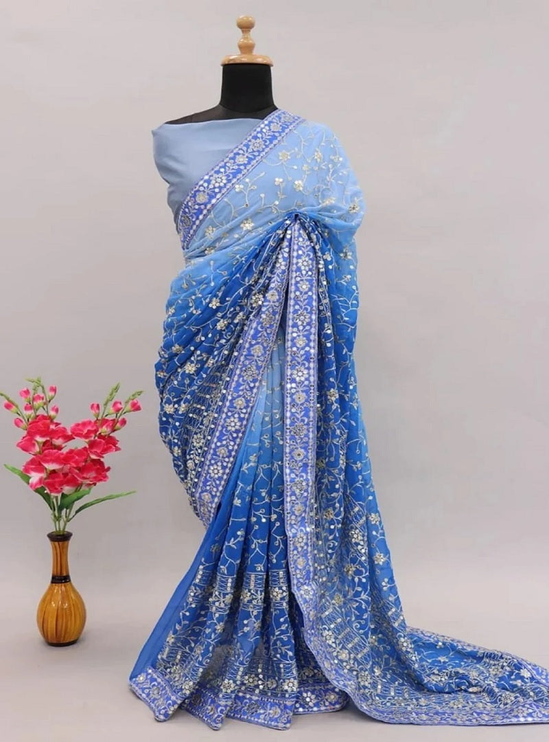 Sky Blue Soft Georgette Embroidery Sequence And Thread Work Saree image 5