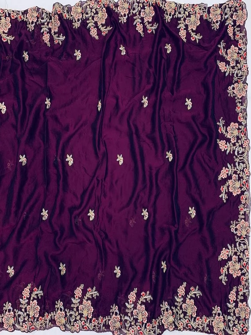 Eggplant Color Rangoli Silk Embroidery Work Saree image 7
