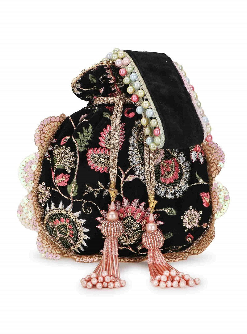 Black, Pink & Multi Velvet Floral Embroidered Potli bag image 5