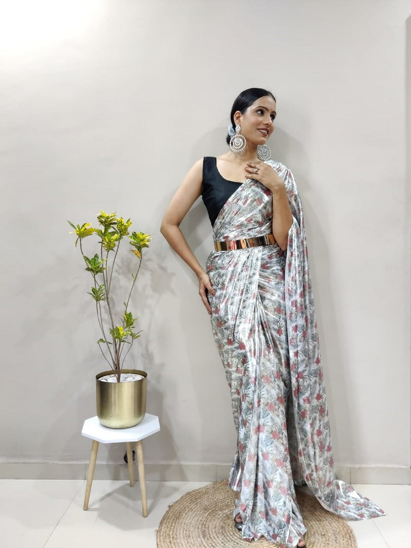 Imported Lycra Silk Ready To Wear Saree With Metal Belt image 5