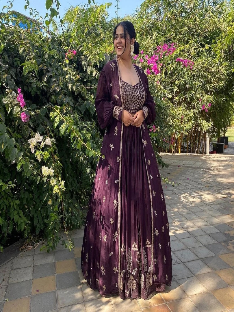 Eggplant Chinon Sequence Embroidered Lehenga Choli With Koti Set image 5