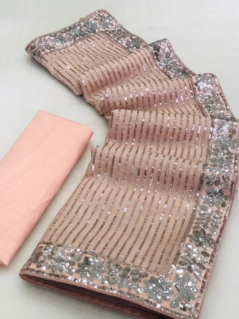 Peach Georgette Embroidery Sequence Saree image 8
