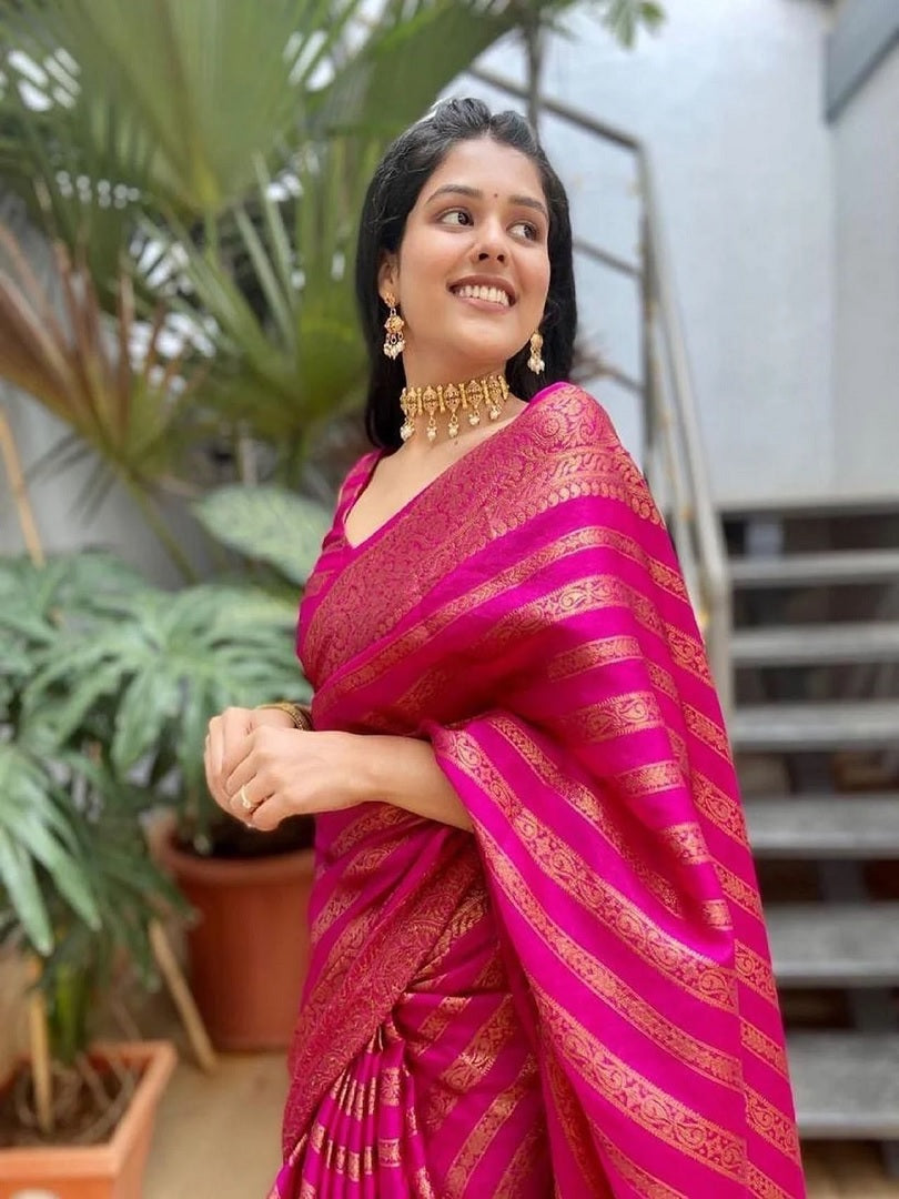 Pink Soft Lichi Silk Jacquard Work With Gold Zari Weaving Saree image 5