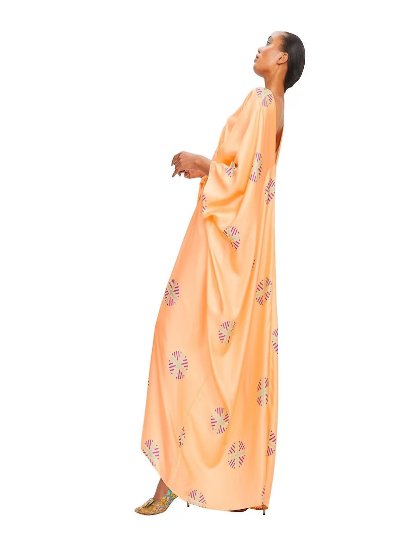 Peach Color V-Neck Belt Style Women Satin Silk Printed Kaftan J5632 image 5
