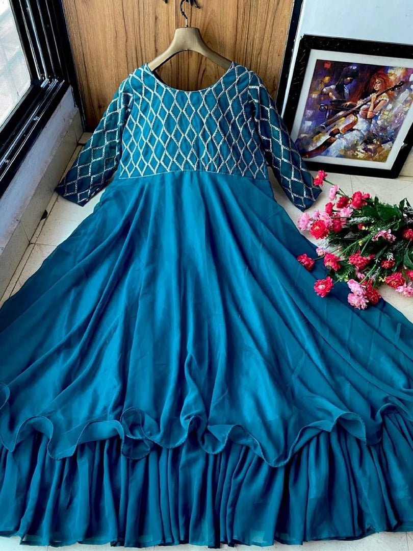 Women Embroidery Work Georgette Gown Designer Party Wear Kurti KY image 6