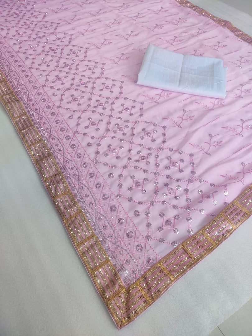 Pink Georgette Embroidery Sequence Work Saree image 5