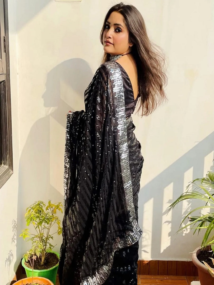 Black Georgette With Sequence Lace Work Saree image 3