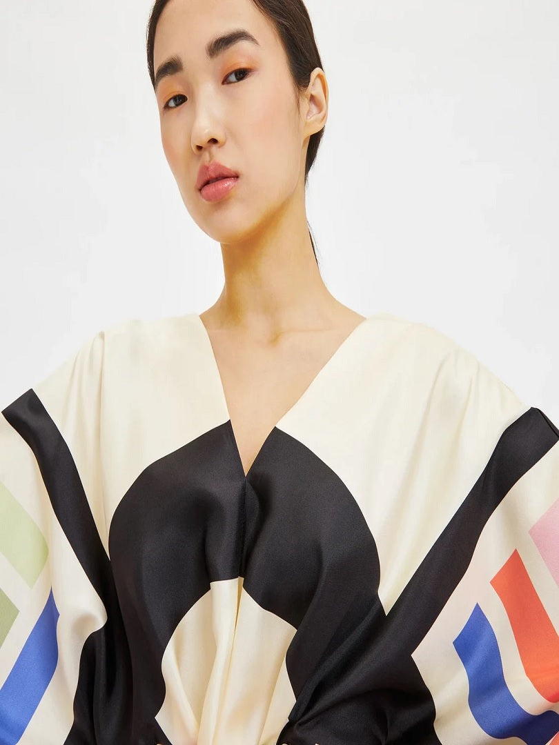 Home Wear Belt Style Printed Soft Satin Silk Short Kaftan J5696 image 6