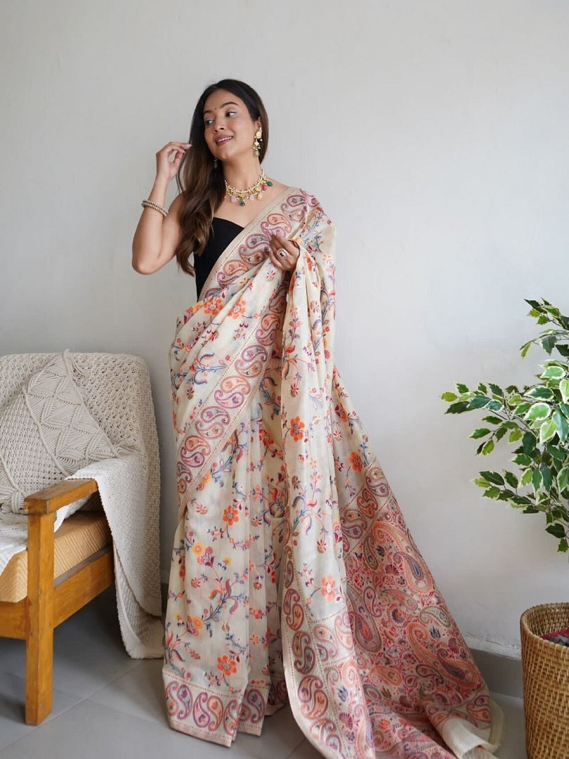 Off White Kashmiri Thread Weaving Pure Zari Work Saree image 5