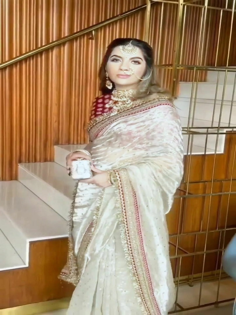 White Khadi Organza Silk Embroidery Thread Sequence Work Saree image 5