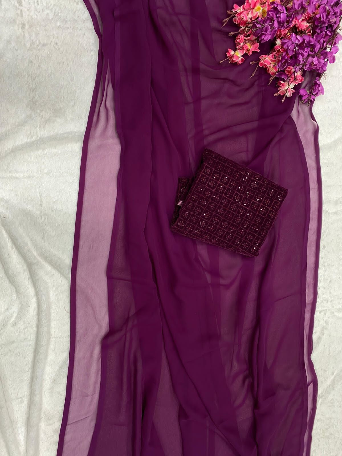 Pure Smooth Georgette Saree, Pure velvet With Sequence Work Blouse image 13
