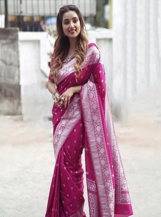 Pink Lichi Silk Banarasi Saree image 1