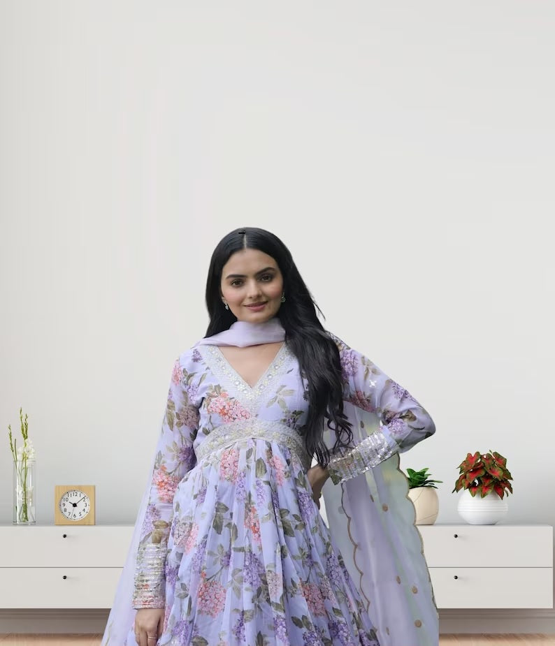 Russian Silk with Embroidery Work Long Anarkali Dress With Dupatta image 6