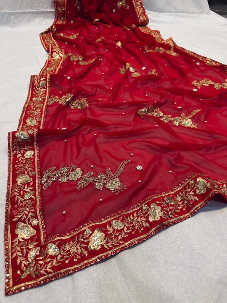 Red Georgette Embroidery Sequence Saree image 5