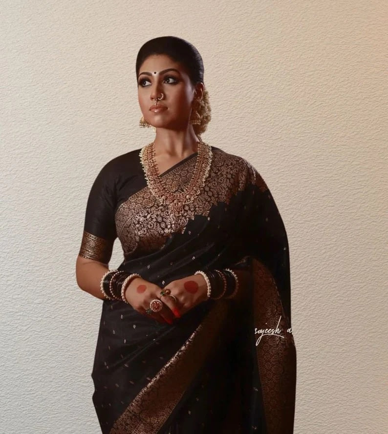 Black Soft Lichi Silk Saree image 5