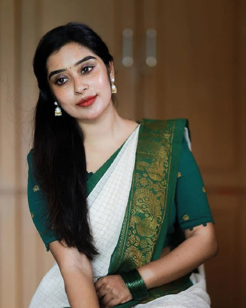 Green & White Ethnic Chexs Lichi Silk Blend Banarasi Saree image 3