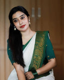Green & White Ethnic Chexs Lichi Silk Blend Banarasi Saree image 3