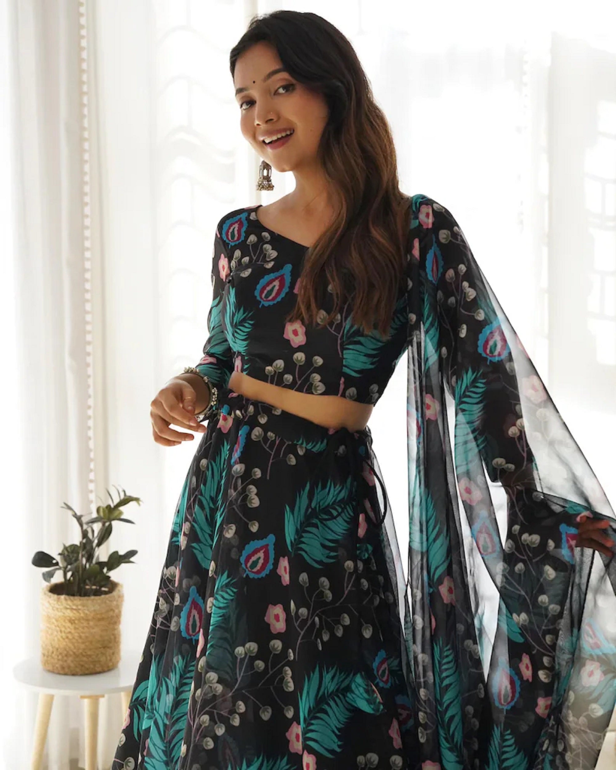 Women's Net Digital Print Lehenga Choli Indian Semi Stitched Lengha Choli 15-QRC13 image 5