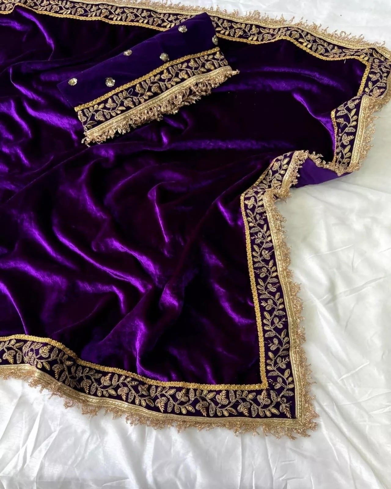 Velvet With Embroidery Work Saree & Blouse image 5