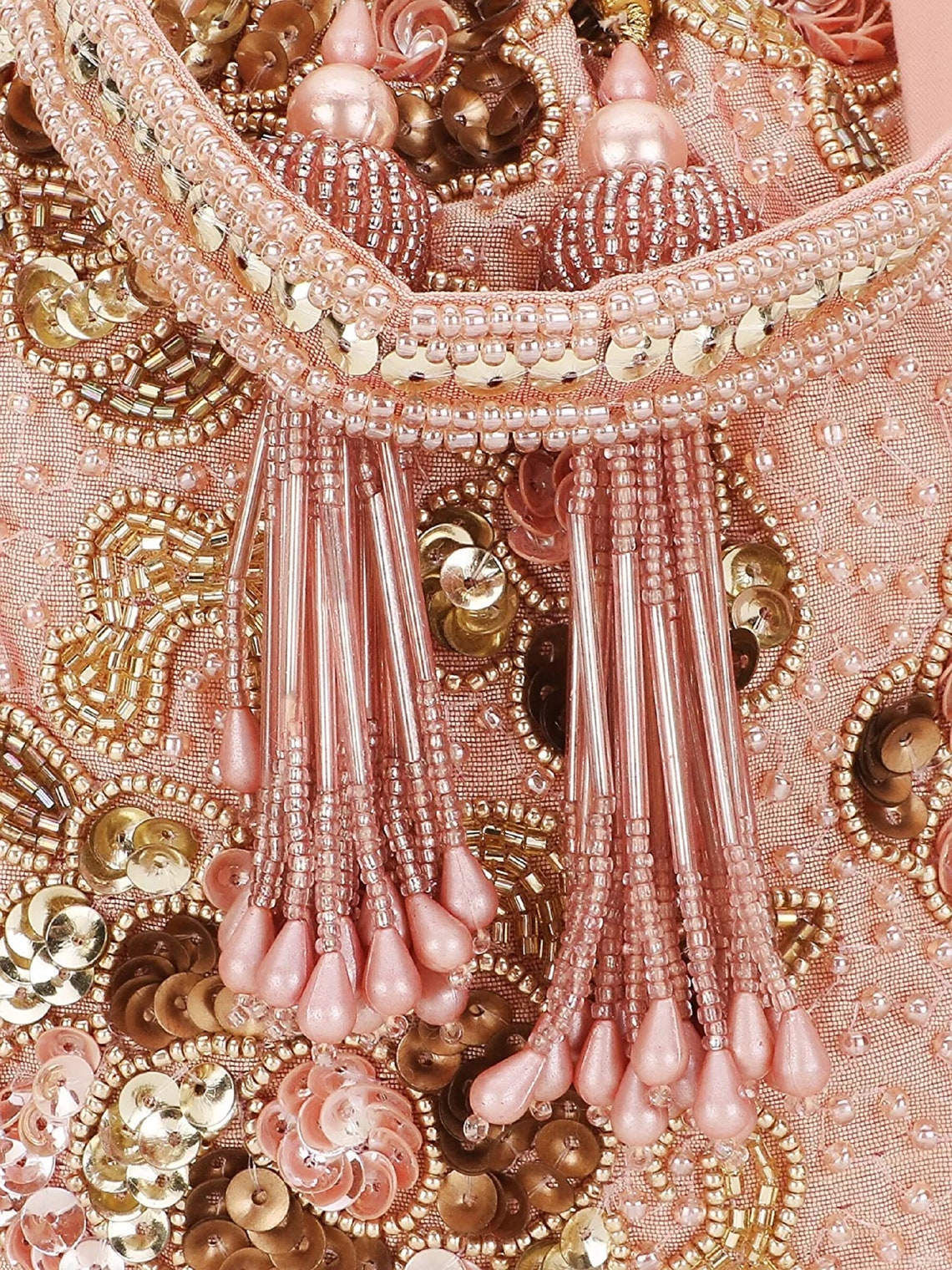 Dusky Pink & Gold Floral Embellished Faux Silk Potli Bag image 5