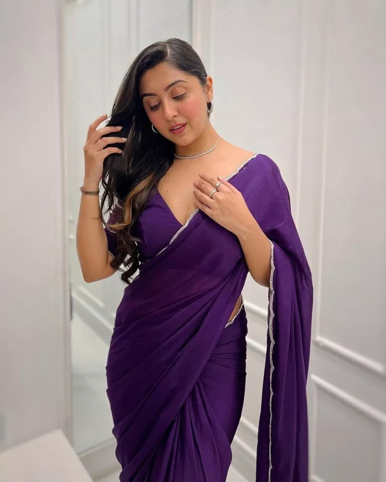 Classic Soft Rich Elegant Chinon Fabric Saree & Blouse image 5