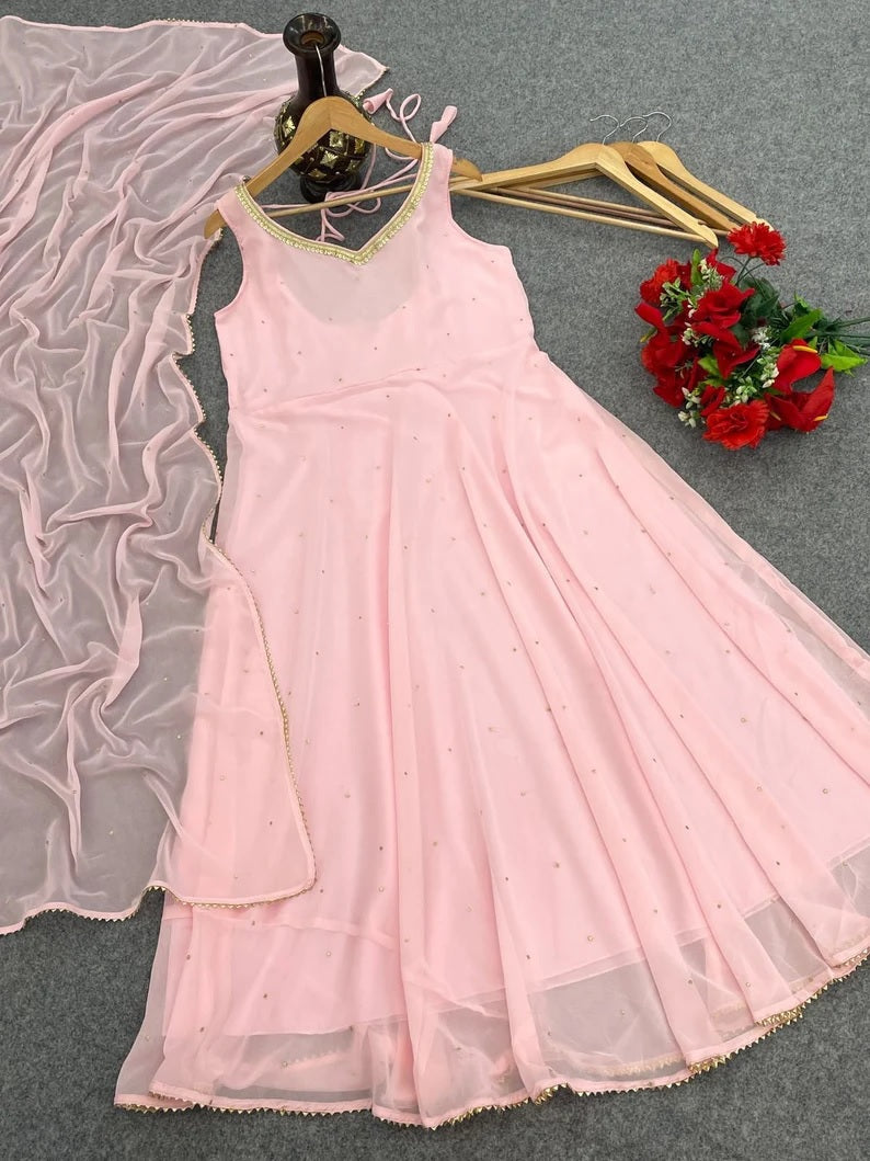 Peach Georgette & Sequence Work Gown Dresses With Dupatta image 5
