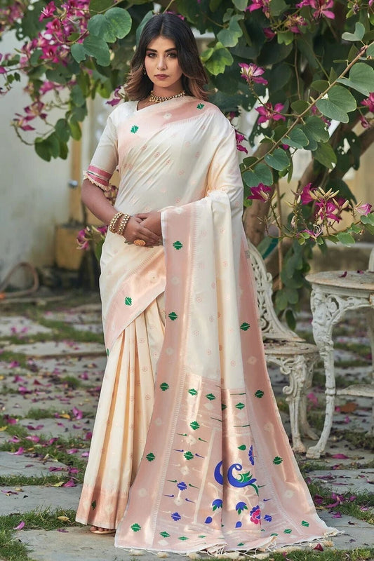 Off White Soft Lichi Silk Saree With Rich Butti Weaving Blouse image 1