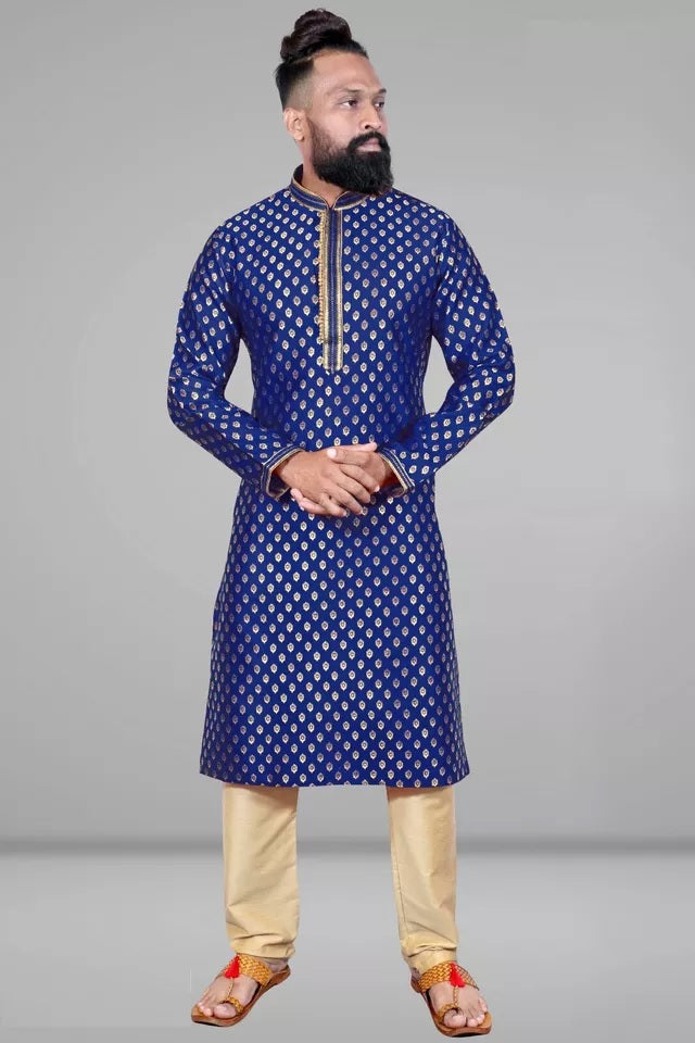 Blue Pure Silk Jacquard Embroidery Kurta Pajama image 1