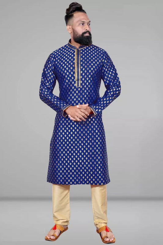 Blue Pure Silk Jacquard Embroidery Kurta Pajama image 1