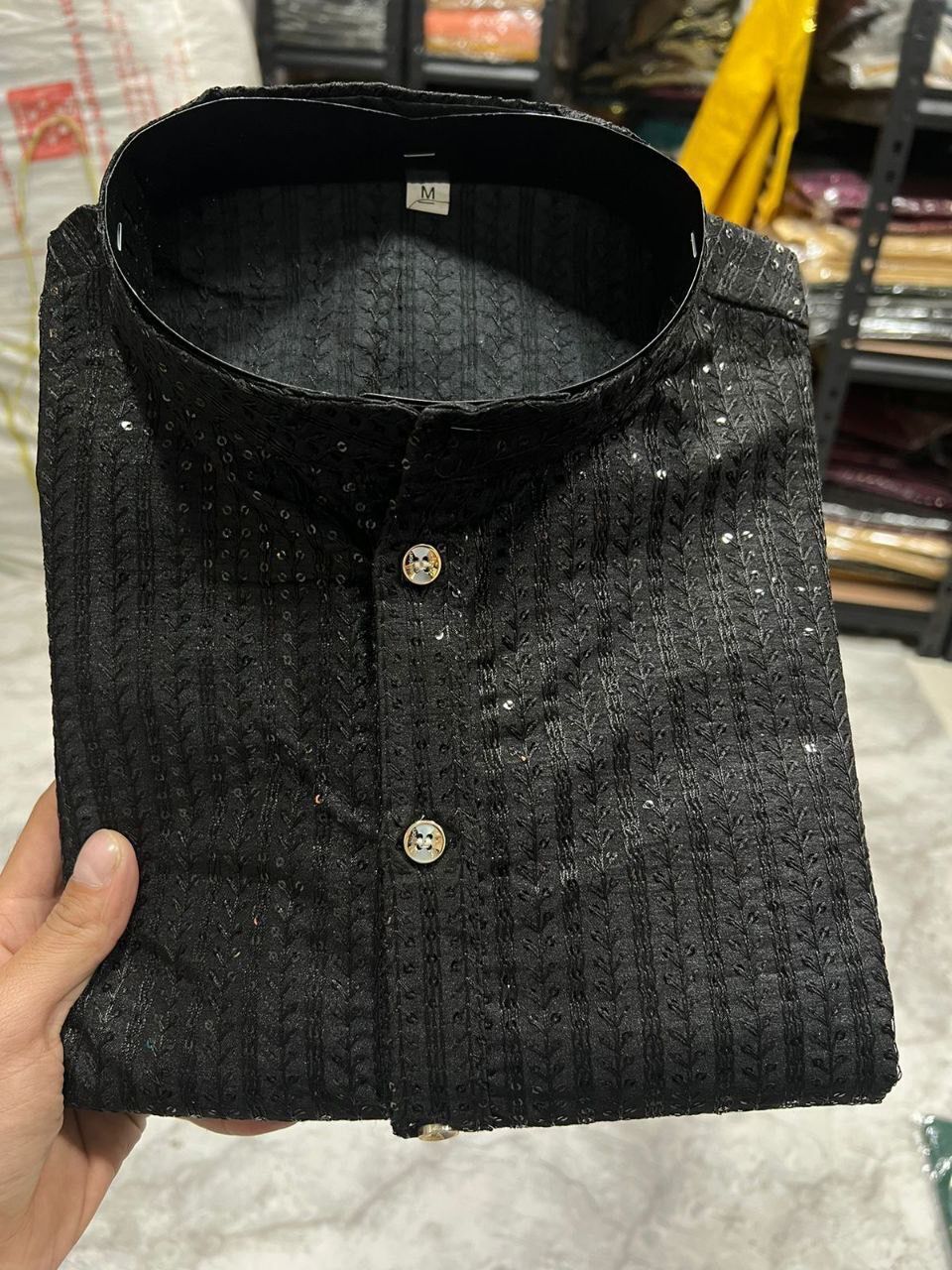 Black Banglori Silk Embroidery sequence work Men's Kurta Pajama image 3