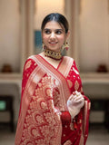 Red  Banarasi Soft Silk Saree With  Unstitched Blouse image 5