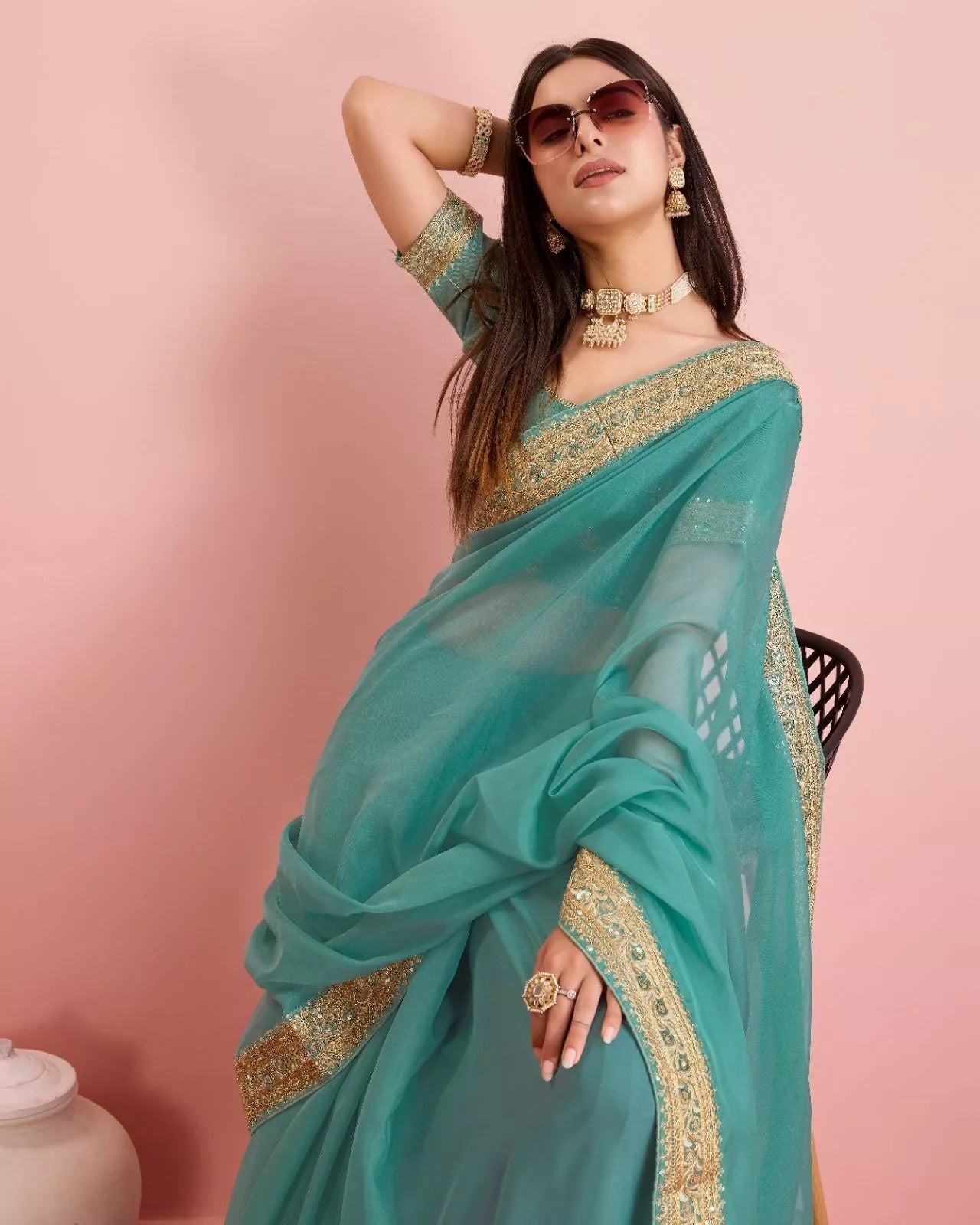 Tabby Silk Organza, Embroidery Lace Work Saree image 10
