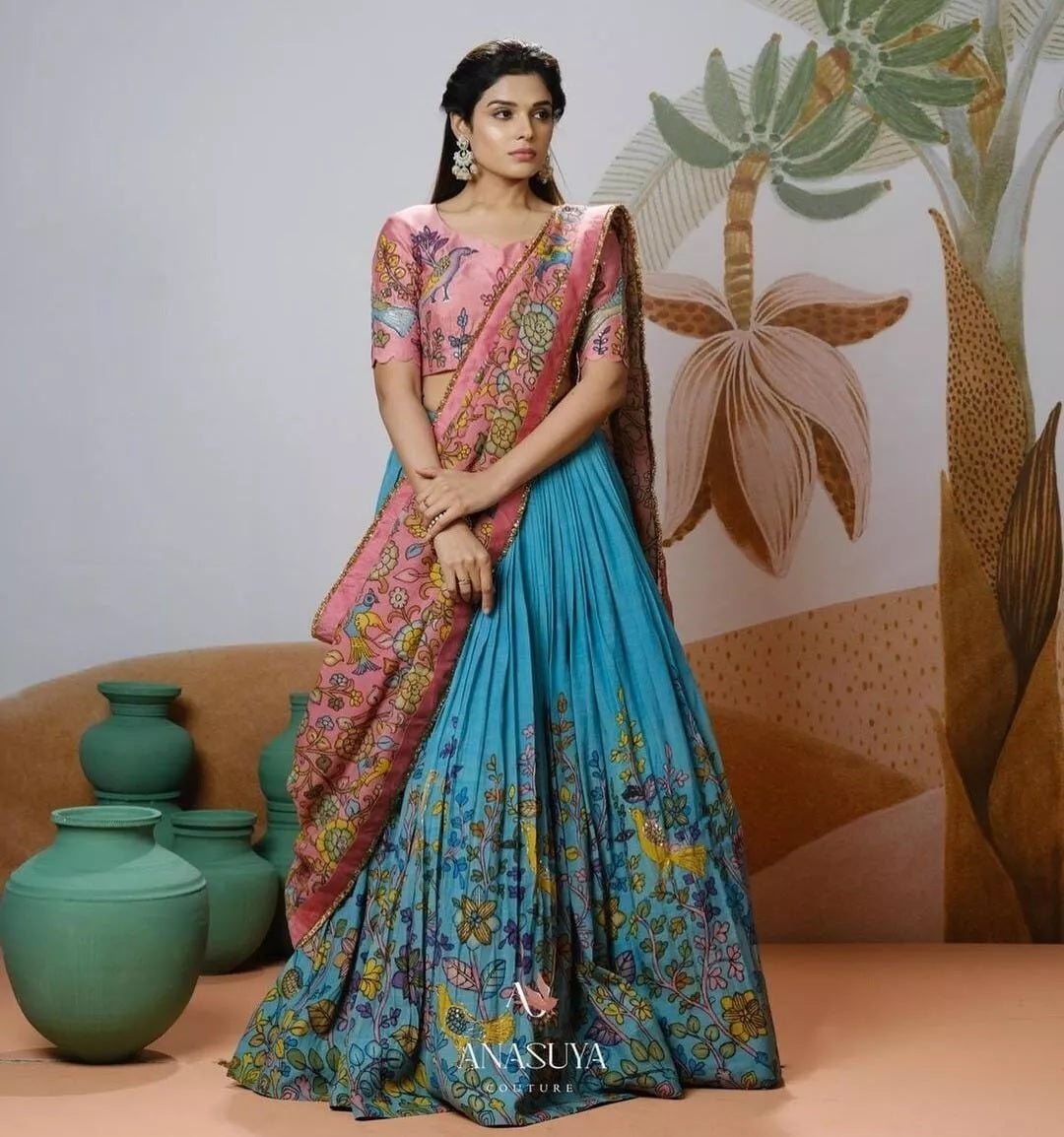Soft Chinon Silk, Kalamkari Printed Work Lehenga Blouse With Dupatta image 2