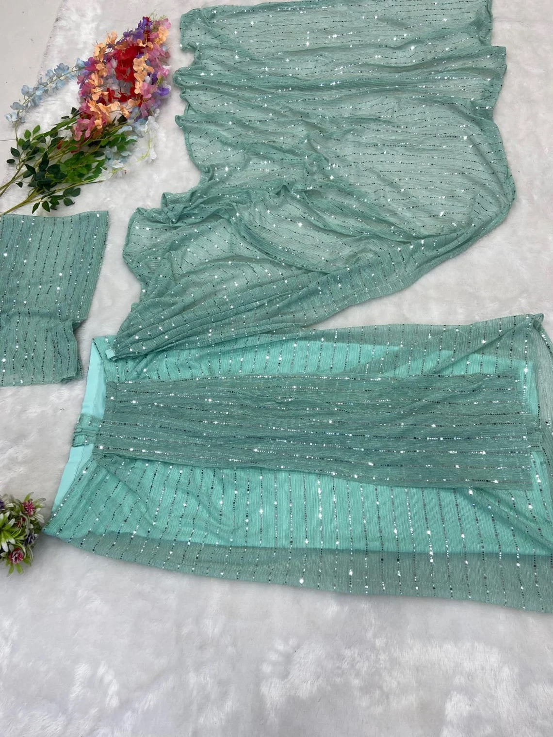 Mint Green Imported Premium Net Ready To Wear Saree image 5