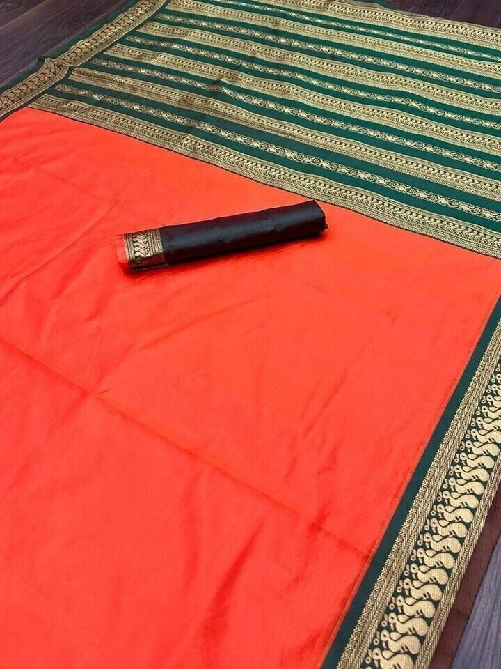 Orange color Soft Lichi Silk Jacquard Weaving Work Saree With Blouse image 5