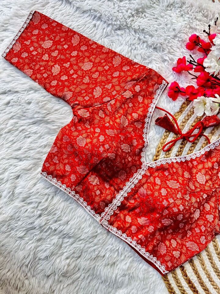Banaras Silk Blouse Golden And Silver Jari Blouse, Ready Made Blouse image 5
