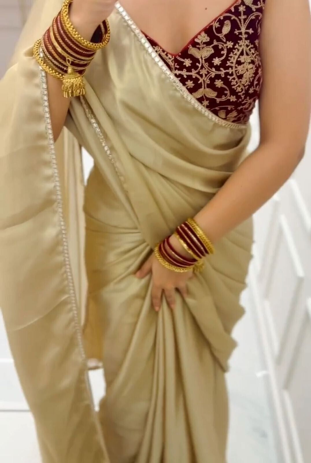 Japan Satin With Beautiful Mirror Lace Border Saree With Blouse image 7
