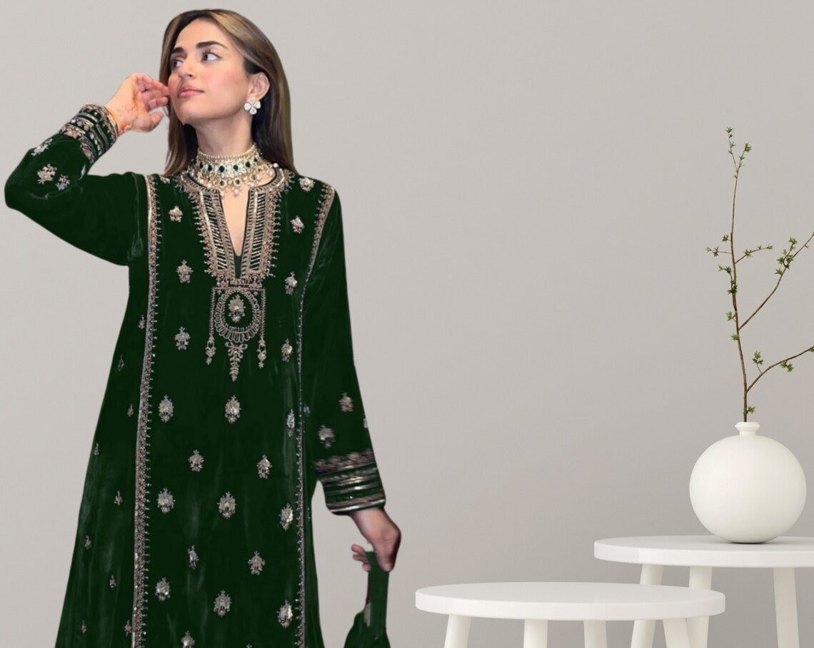 Pure Viscose Velvet Embroidery Sequence Work Top Bottom Dupatta image 5